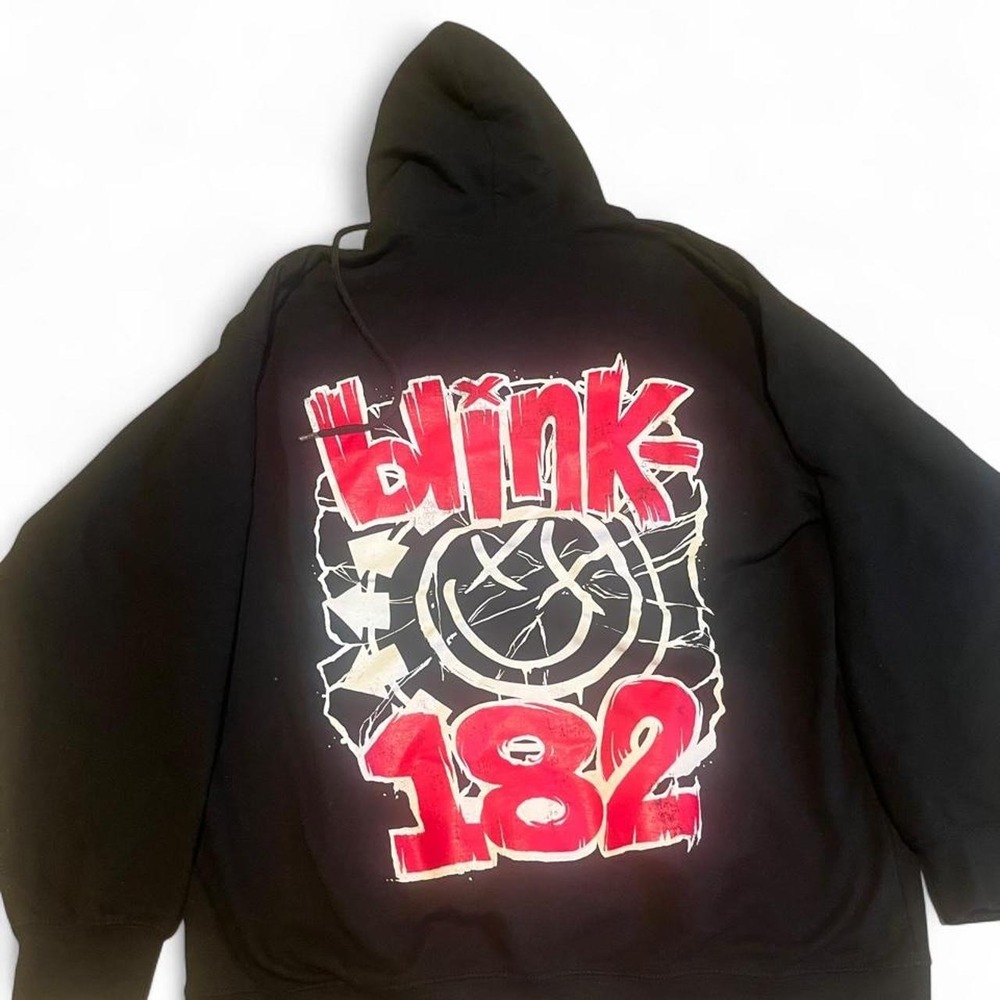 Black Blink 182 hoodie with red and white graphic featuring 'blink-182 Band tee